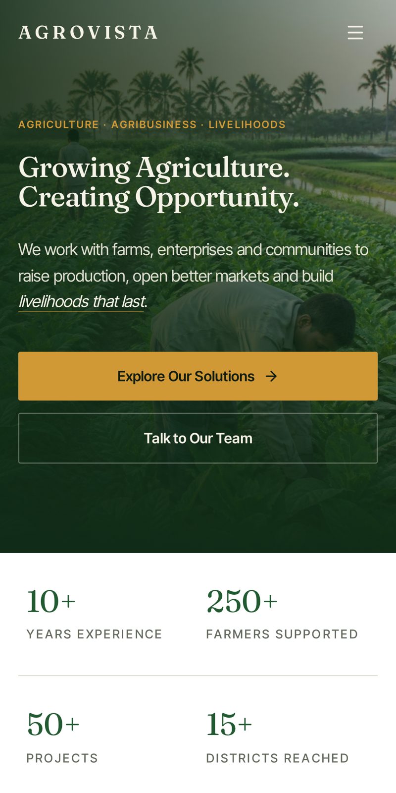 AGROVISTA agriculture & agribusiness website shown on a mobile phone screen