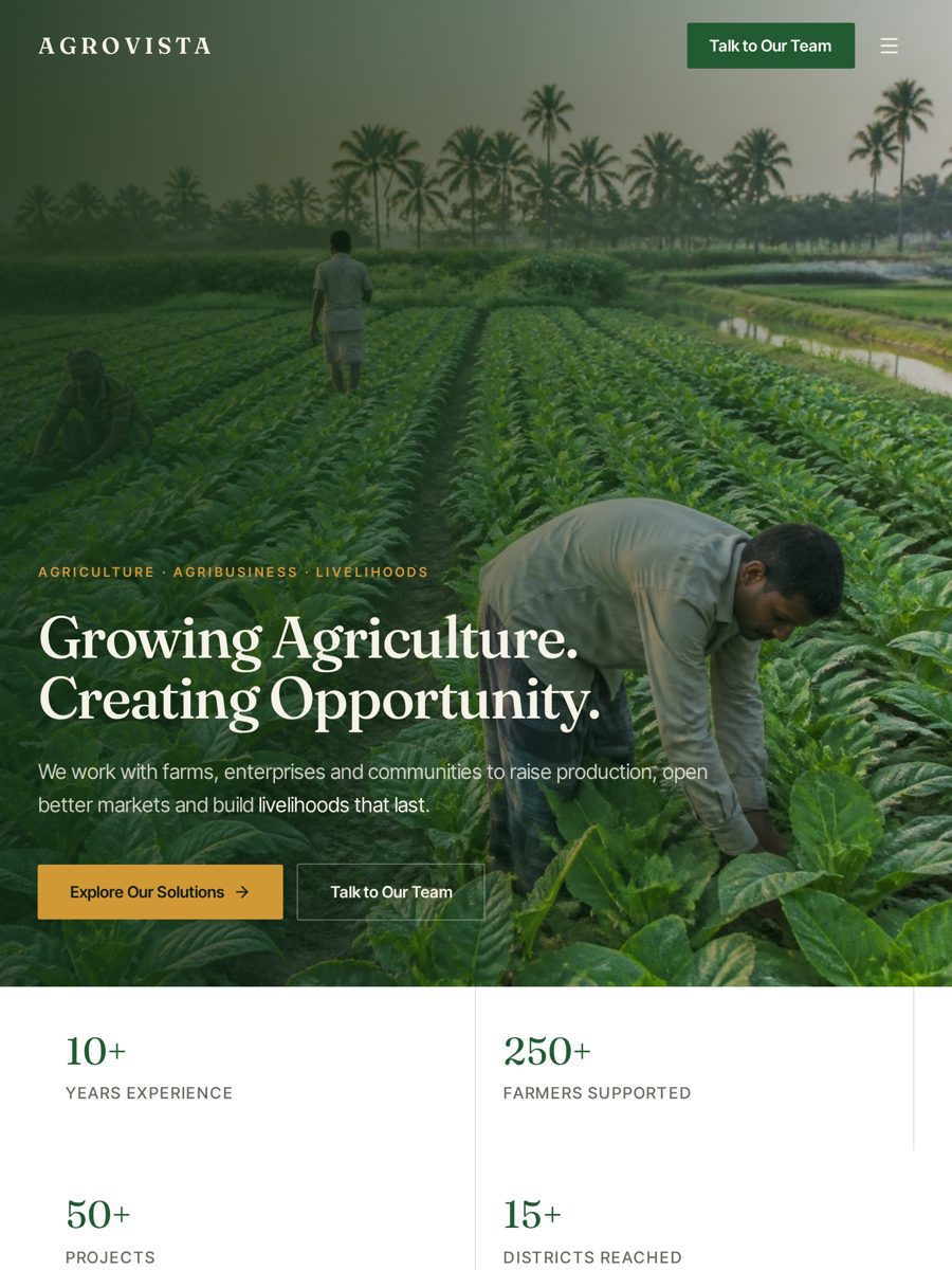 AGROVISTA agriculture & agribusiness website shown on a tablet screen