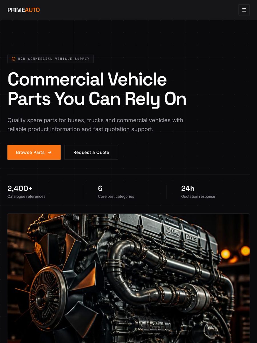 Prime Auto Parts automotive & parts website shown on a tablet screen