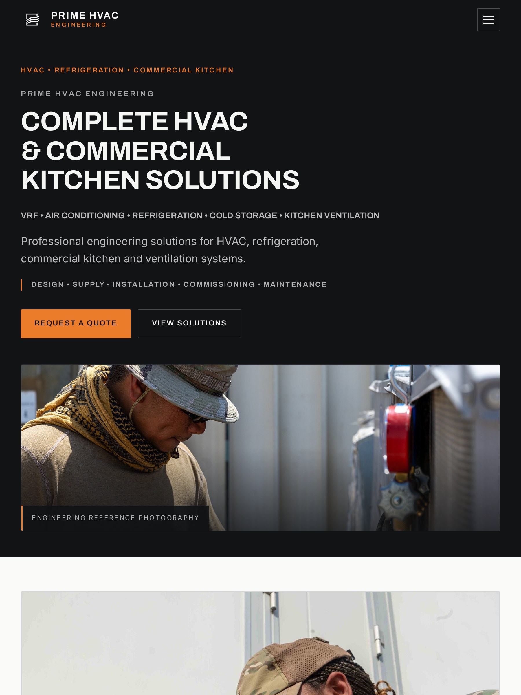 Prime HVAC Engineering hvac & engineering website shown on a tablet screen