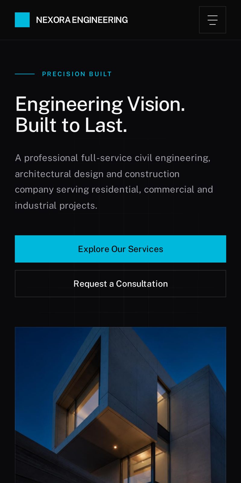 NEXORA Engineering construction & engineering website shown on a mobile phone screen