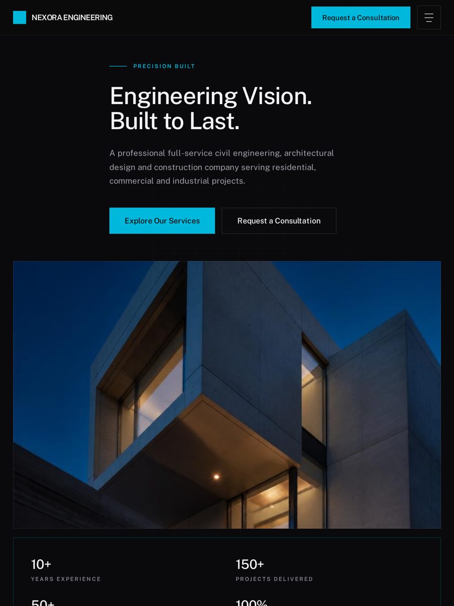 NEXORA Engineering construction & engineering website shown on a tablet screen
