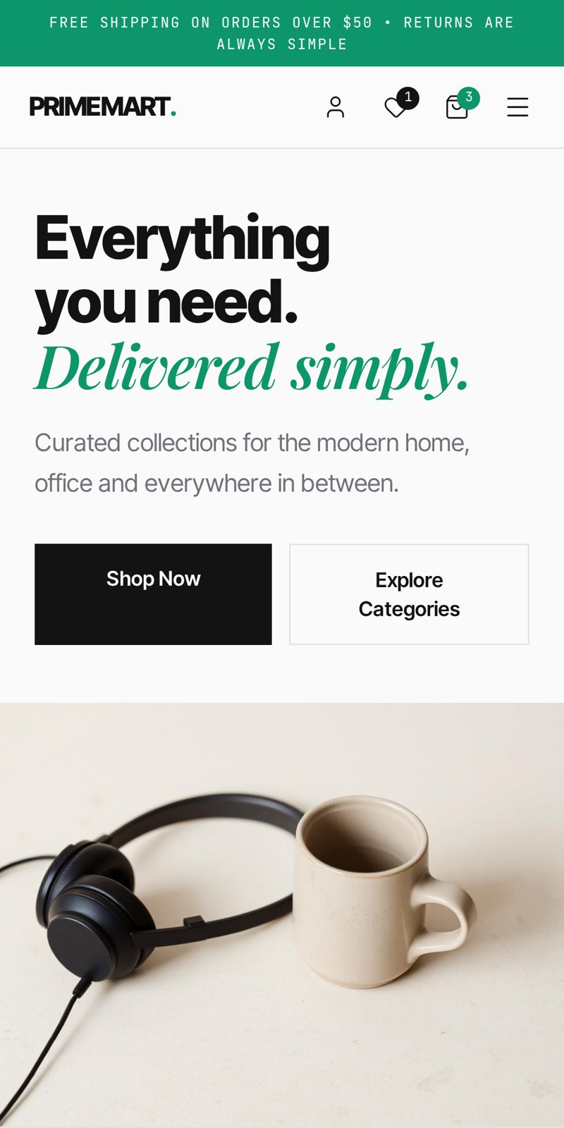 PrimeMart ecommerce website shown on a mobile phone screen