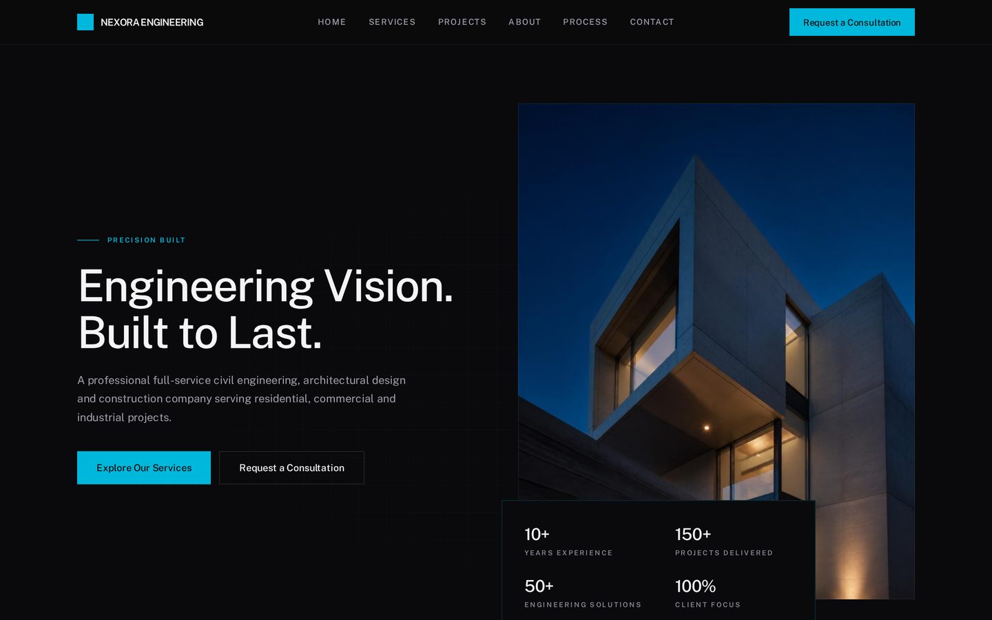 NEXORA Engineering, a construction & engineering website concept by Prime Digital Studio, shown on a desktop screen