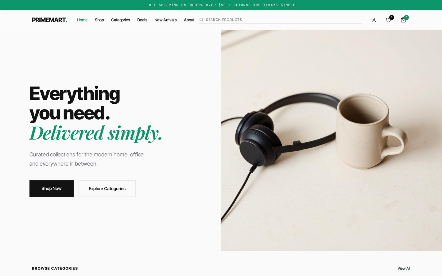 PrimeMart, a ecommerce website concept by Prime Digital Studio, shown on a desktop screen